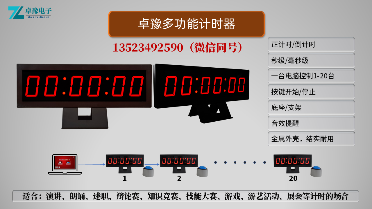 计时器、电脑计时器、多功能计时器、演讲比赛、朗诵比赛、微党课大赛、单位述职、技能大赛，知识竞赛，辩论赛、游艺游戏、抢10秒、展会、商场等等需要计时的活动场合，提供专用计时设备。